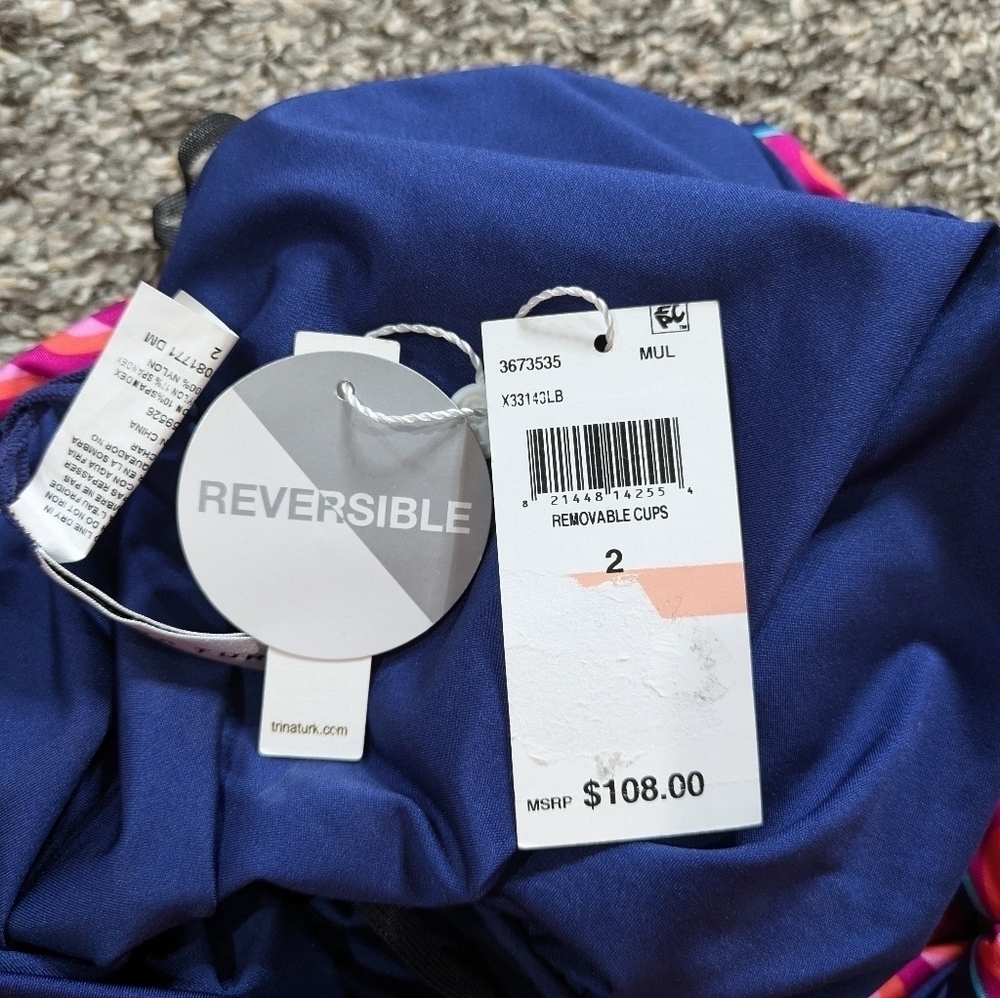 NWT Trina Turk India Garden blue high tie neck reversible tankini bikini top 2 - Picture 8 of 11